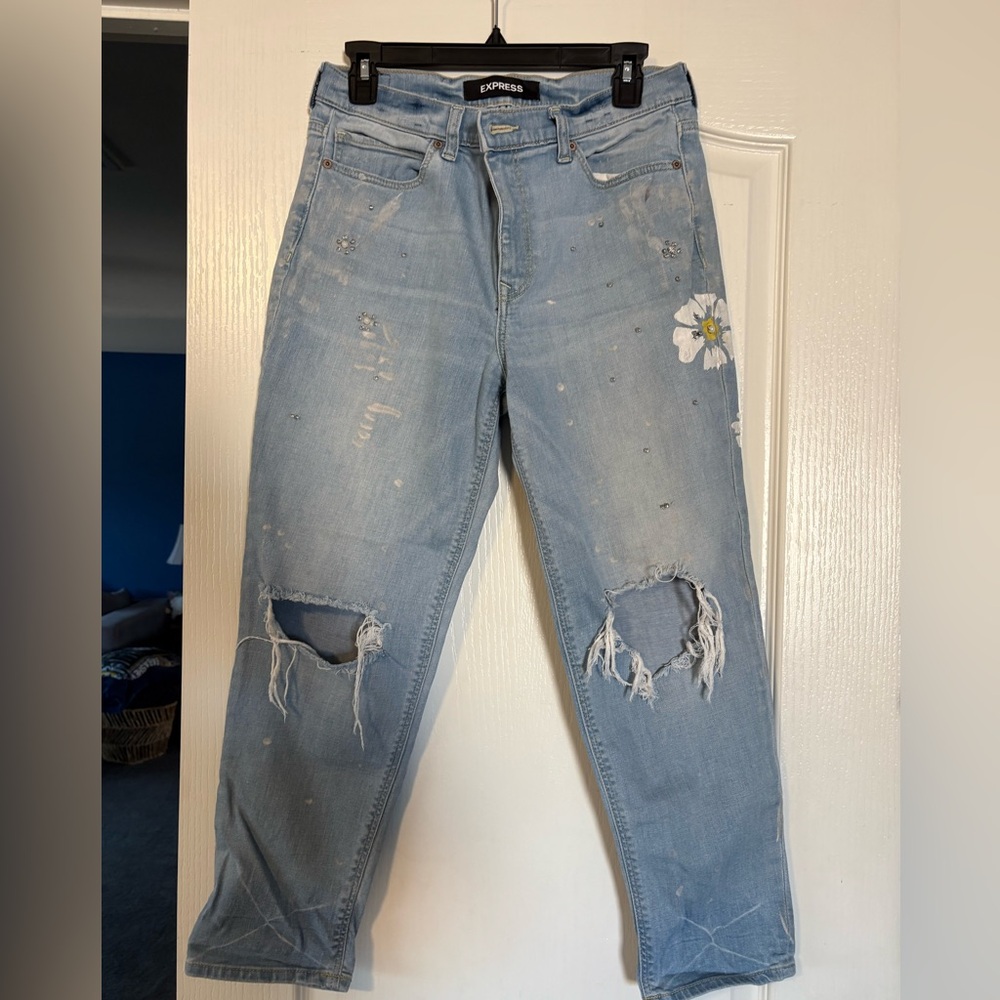 Express Women's Light Blue Ripped Boyfriend Jeans